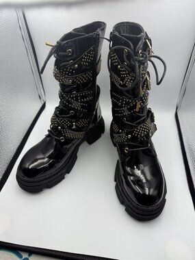 Azalea Wang Black Patent Studded Buckle Lug Combat Boots Size 6